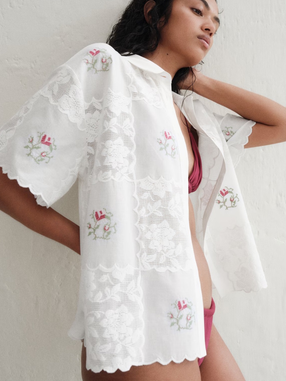 H&M XS White Embroidered Lace Squares Boho Short Sleeve Scalloped Beach Shirt